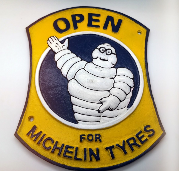 Michelin Man Tyres Open Sign Bibendum Cast Iron Advertising Wall Plaque